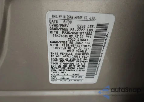 2009 Nissan Murano Sl from USA, damaged, VIN JN8AZ18W09W209570